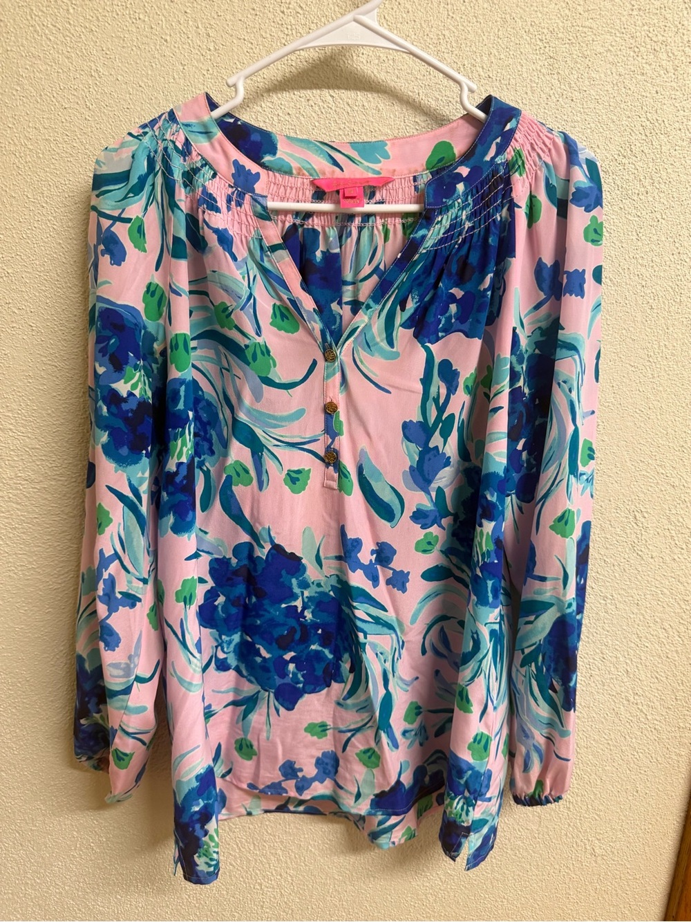 Lilly Pulitzer Pink Blouse with Blue & Green Floral Print
